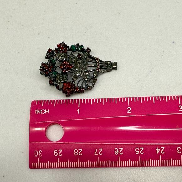 Vintage Sterling Brooch Pendant Flower Basket Marcasite-Garnet-Green Quartz Pin - Picture 14 of 15